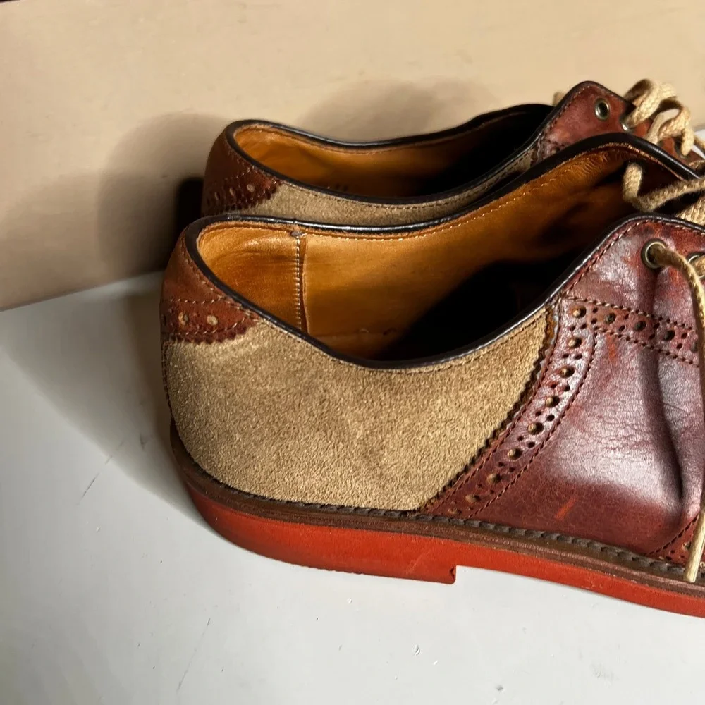 Walk-Over Vintage Saddle Shoes Mens 9 Brown Leather Tan Suede Red Brick Sole